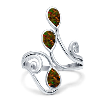 Fashion Teardrop Pear Swirl Spiral Ring Lab Created Black Opal 925 Sterling Silver